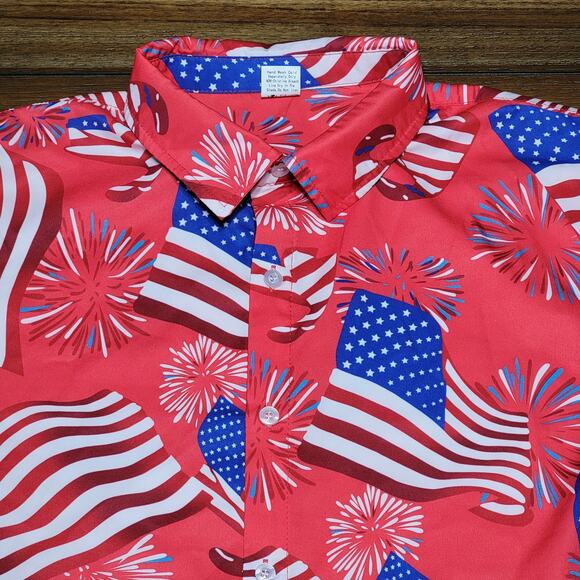 Short Sleeve Americana Celebration Red Button Up Unisex Shit - Size Large - Picture 2 of 4